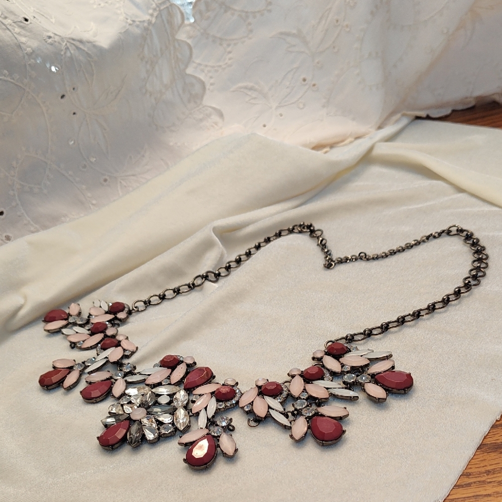 Unique Vintage Burgundy and Blush Crystal Bib Necklace